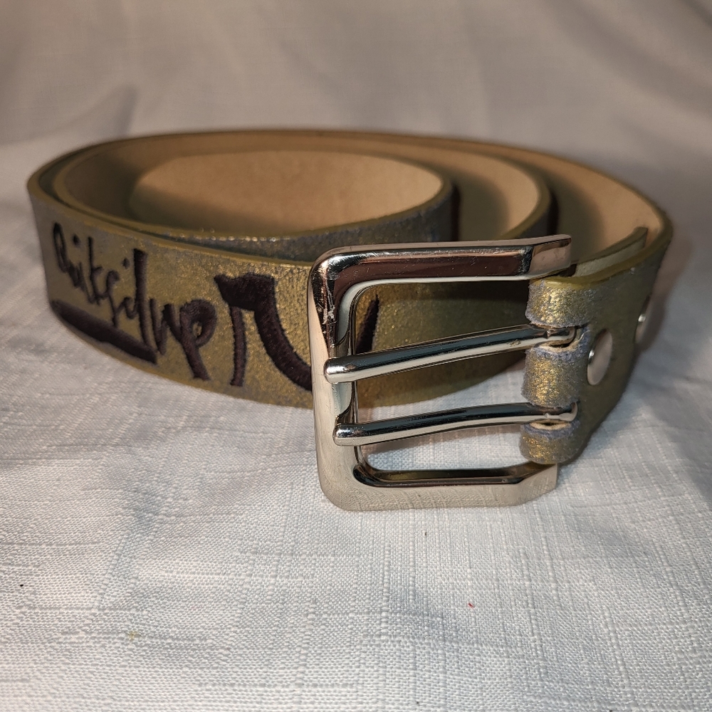 Quiksilver Leather Belt Mens Sz L 36 Gold Metallic Embroidered Logo Surf